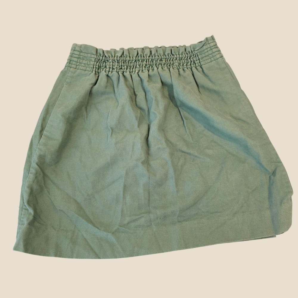 J Crew Womens Linen Blend Mini Skirt Size 0 Green Smocked Waist Preppy Old Money